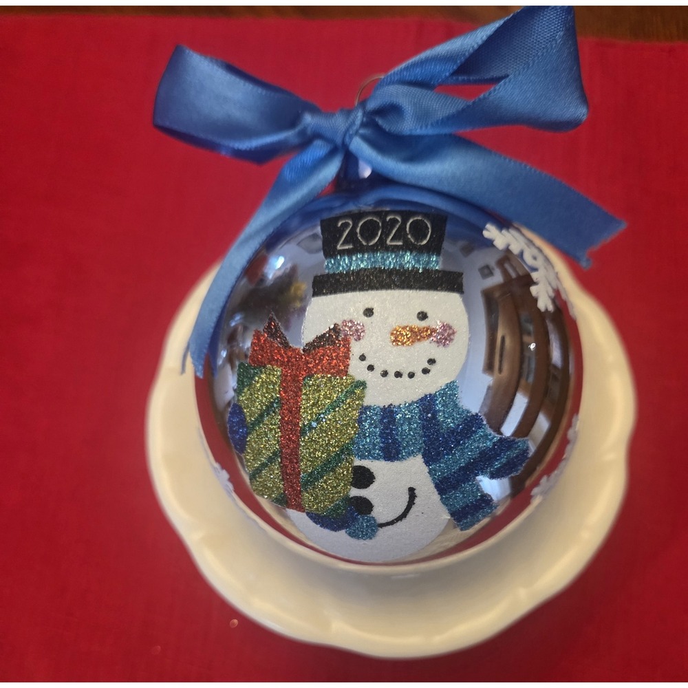 Rauch 2020 Glass  Christmas Ornament  Snowman & Snowflakes on Silver Base 3.5 in